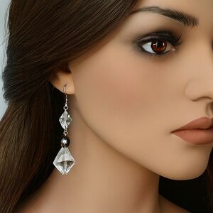 Women Clear Bead Drop Earrings w/ Silver Accent Modern Statement Dangle Jewelry